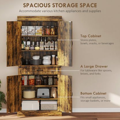 Tall Kitchen Cupboard, Kitchen Pantry Cabinet with Drawer, Shelves, Brown