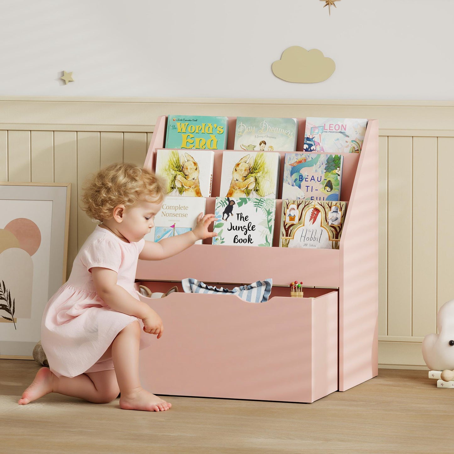 Bookcase for Kids with Shelves, Drawer, Bookcase for Bedroom, Playroom, Pink