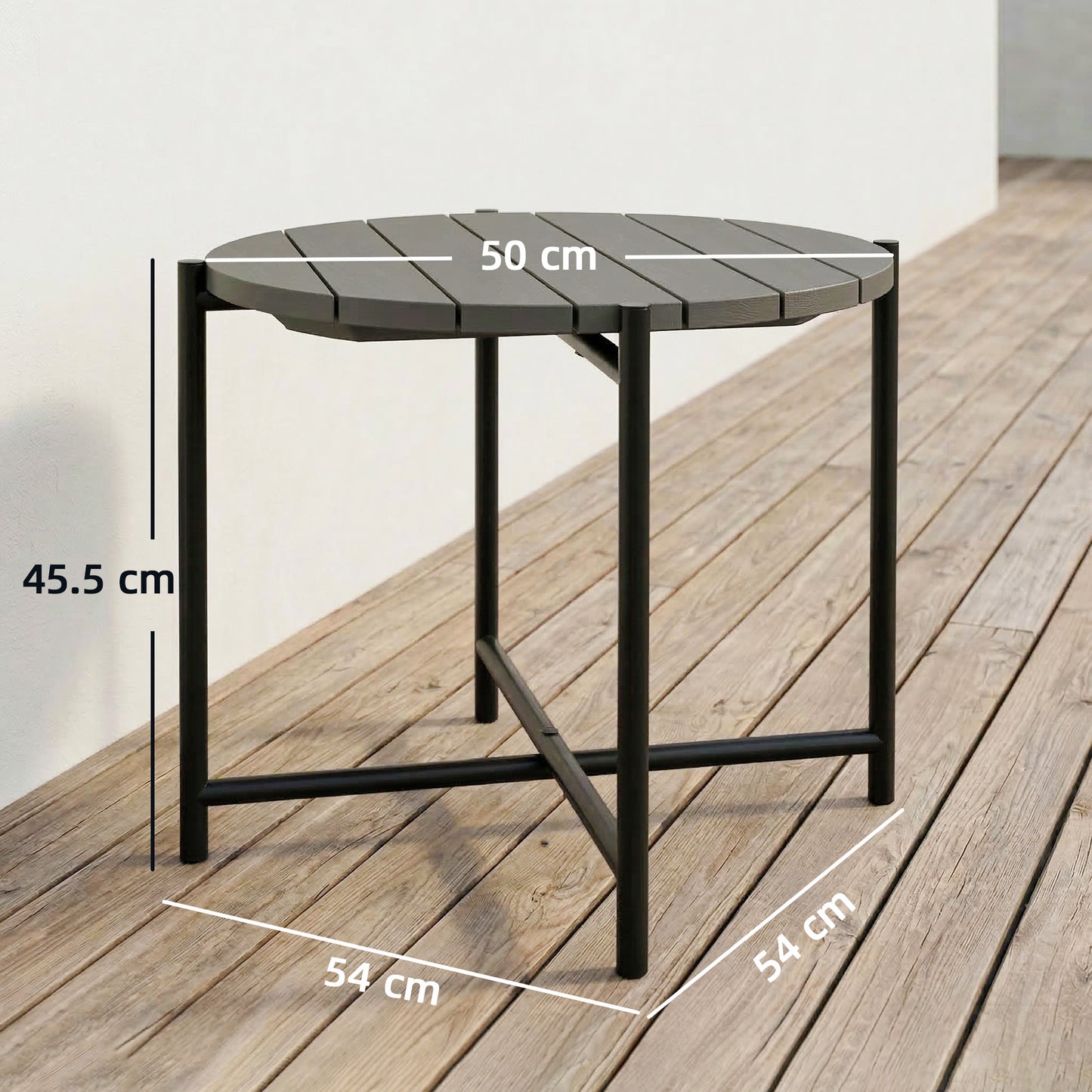 54 cm Round Outdoor Side Table, Industrial Small Garden Table with Slatted Wood Top and Metal Frame, Dark Grey