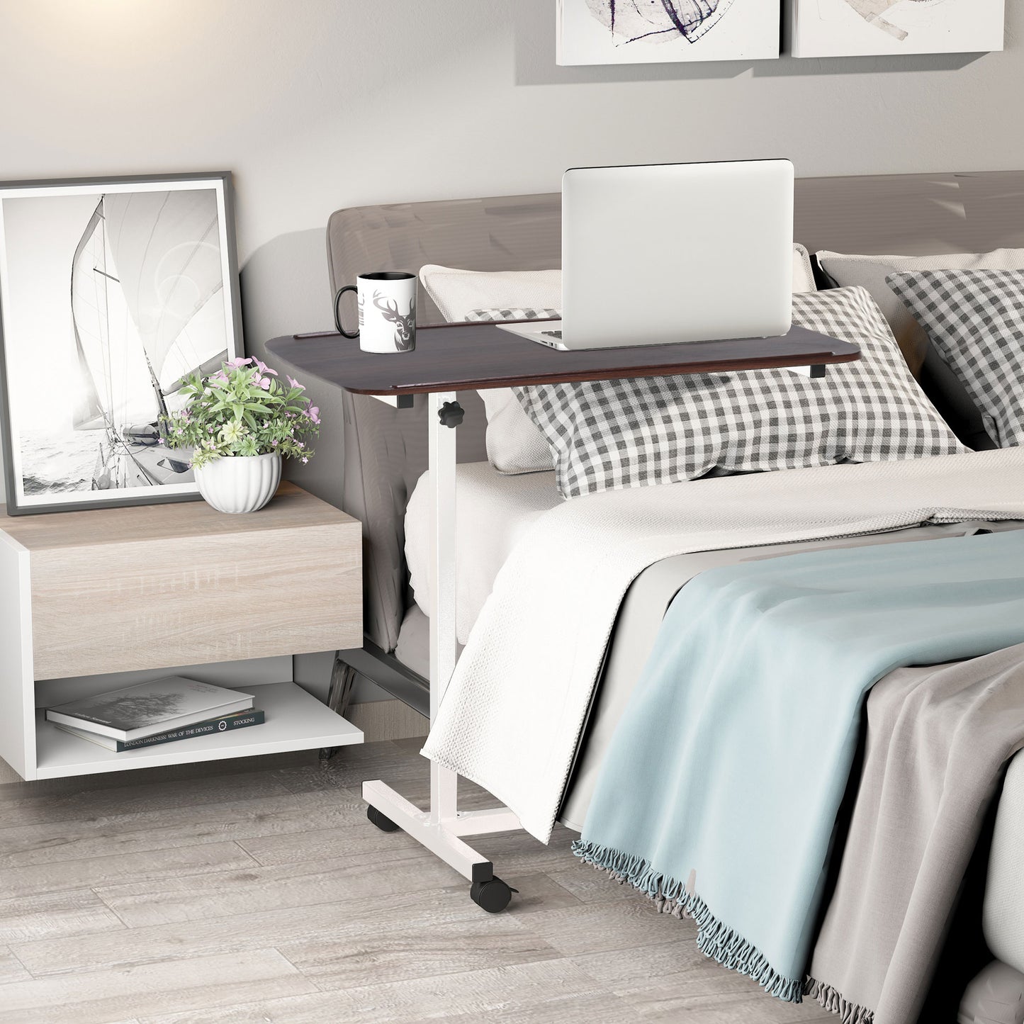Height Adjustable Over Bed Table with Wheels, C Shaped Laptop Desk, Portable Hospital Bed Table for Living Room, Bedroom