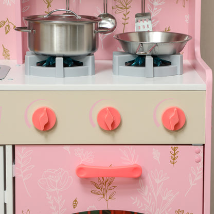 Play Kitchen, Kids Kitchen Set with Lights and Sounds, Double Stoves, Ice Maker, Chalkboard for 3+ Years, Pink