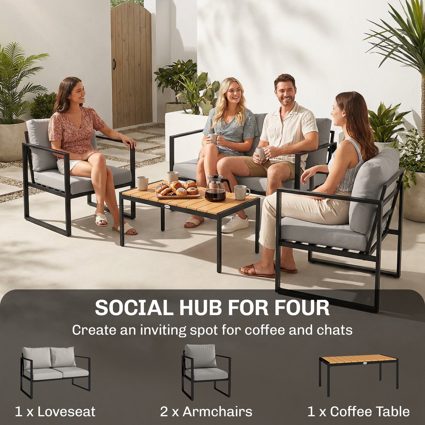 Outdoor Garden Furniture Set, 4 Piece Patio Furniture with Slatted Table, Indoor Outdoor Balcony Patio Conservatory Set
