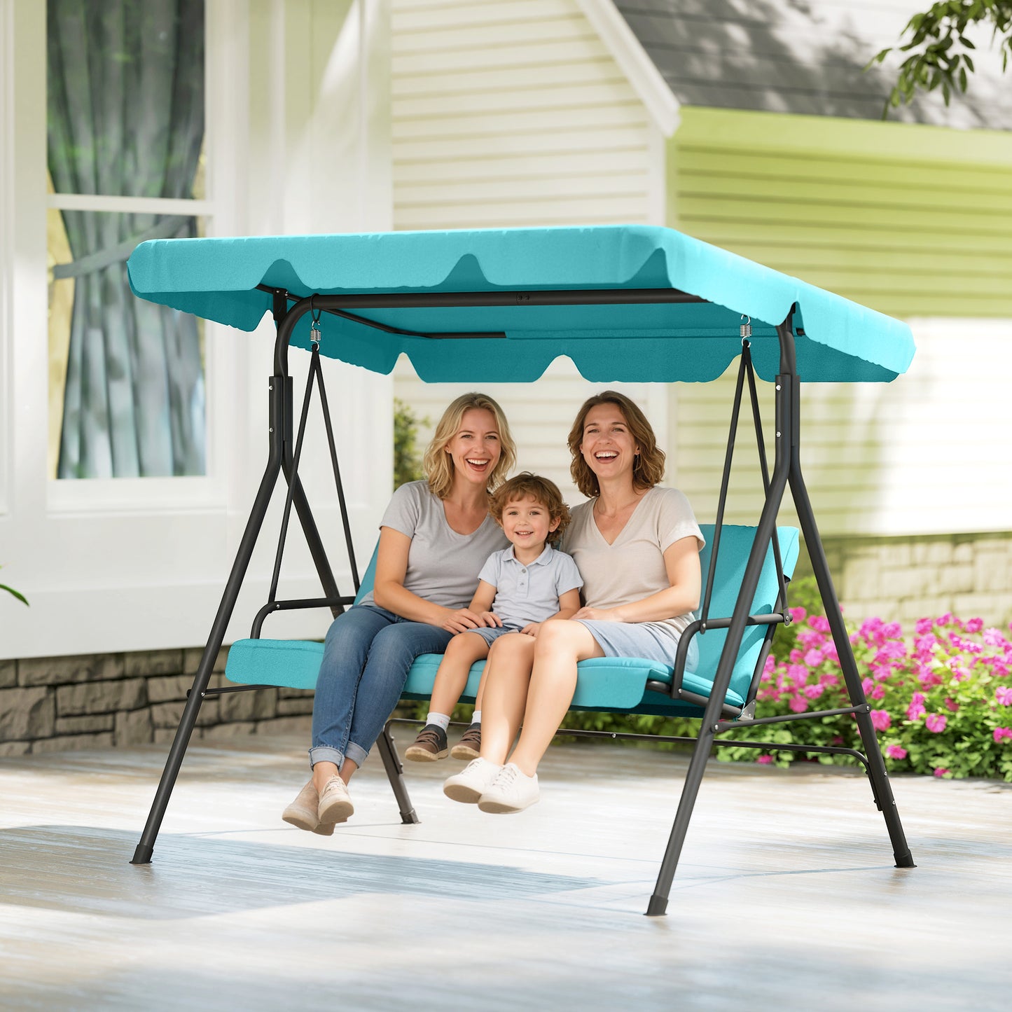 Three-Seater Garden Swing Chair, with Adjustable Canopy - Teal