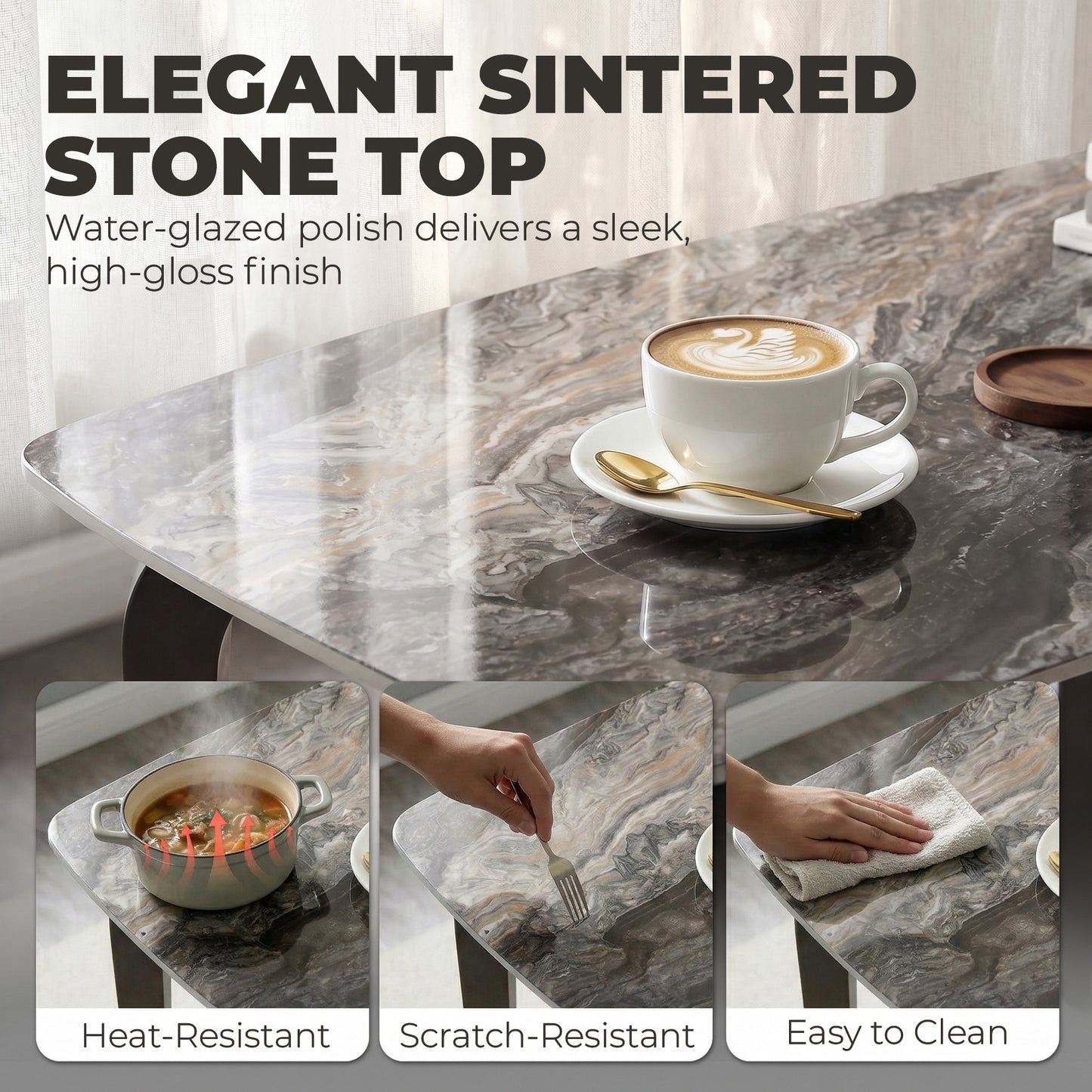 Dining Table for 4, Modern Kitchen Table with Sintered Stone Tabletop, Metal Legs, Brown