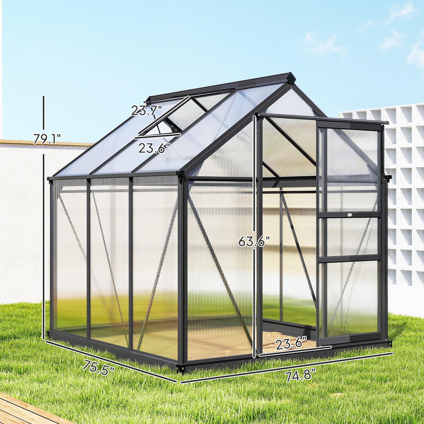 6 x 6ft Polycarbonate Greenhouse, Large Walk in Green House with Slide Door and Window