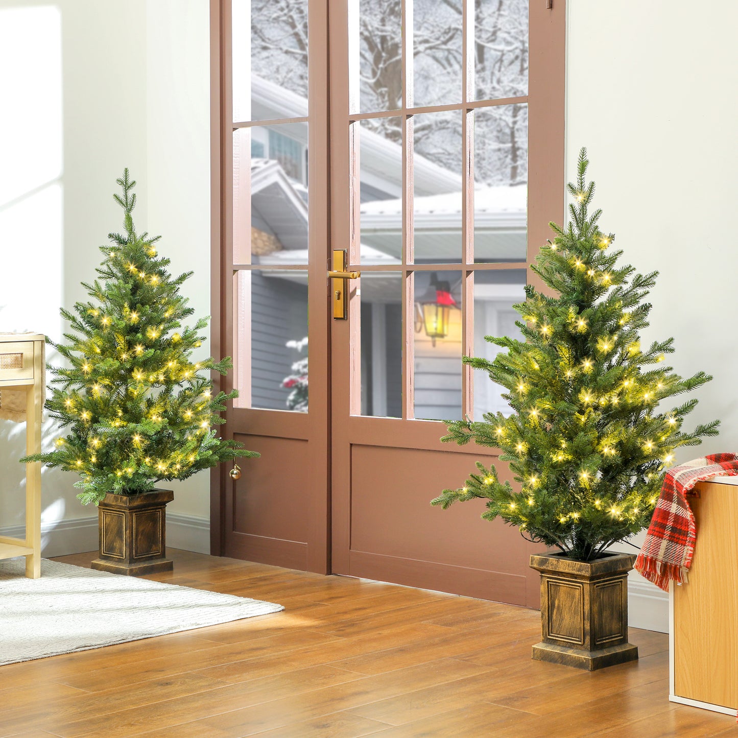 Set of Two Artificial 4ft Christmas Trees, with Lights - Green