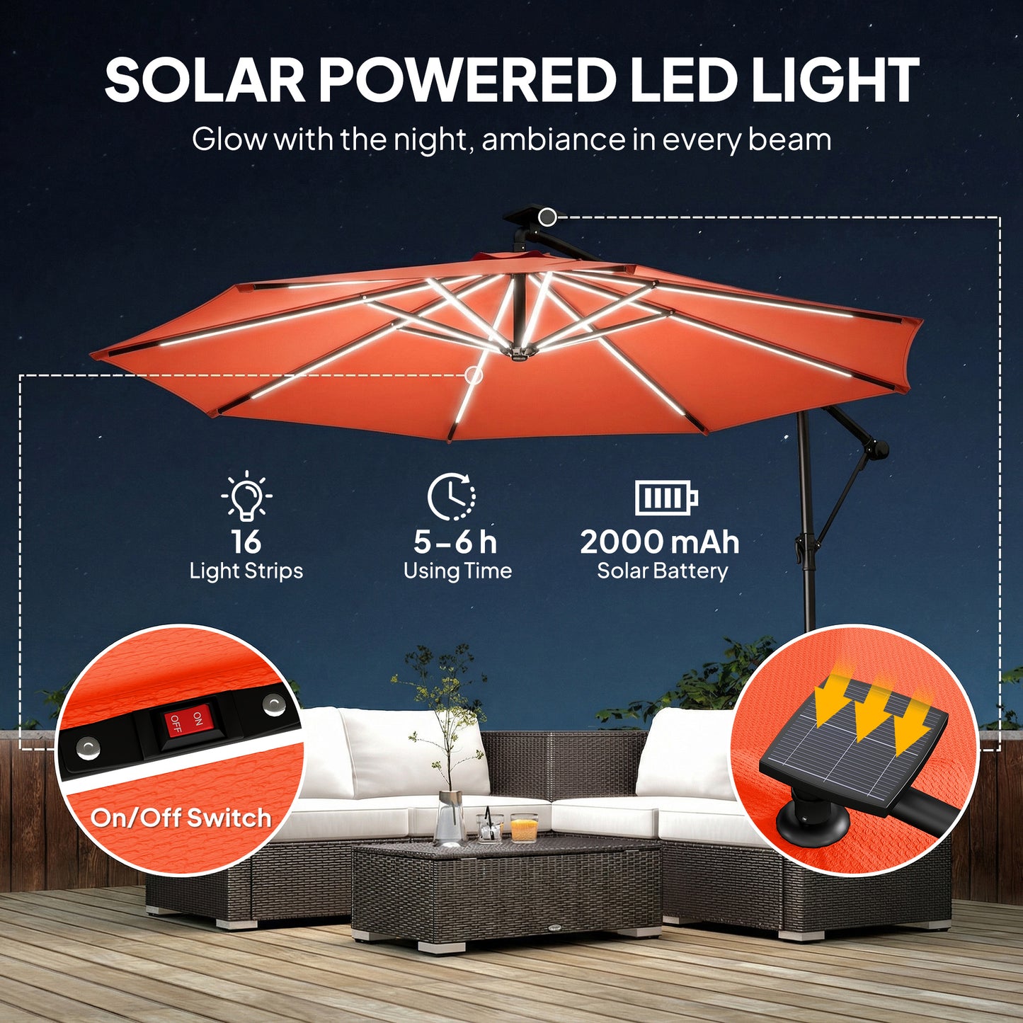 3 m Garden Cantilever Parasol with LED Solar Light, Round Overhanging Umbrella with 360° Rotation, Cover, Orange