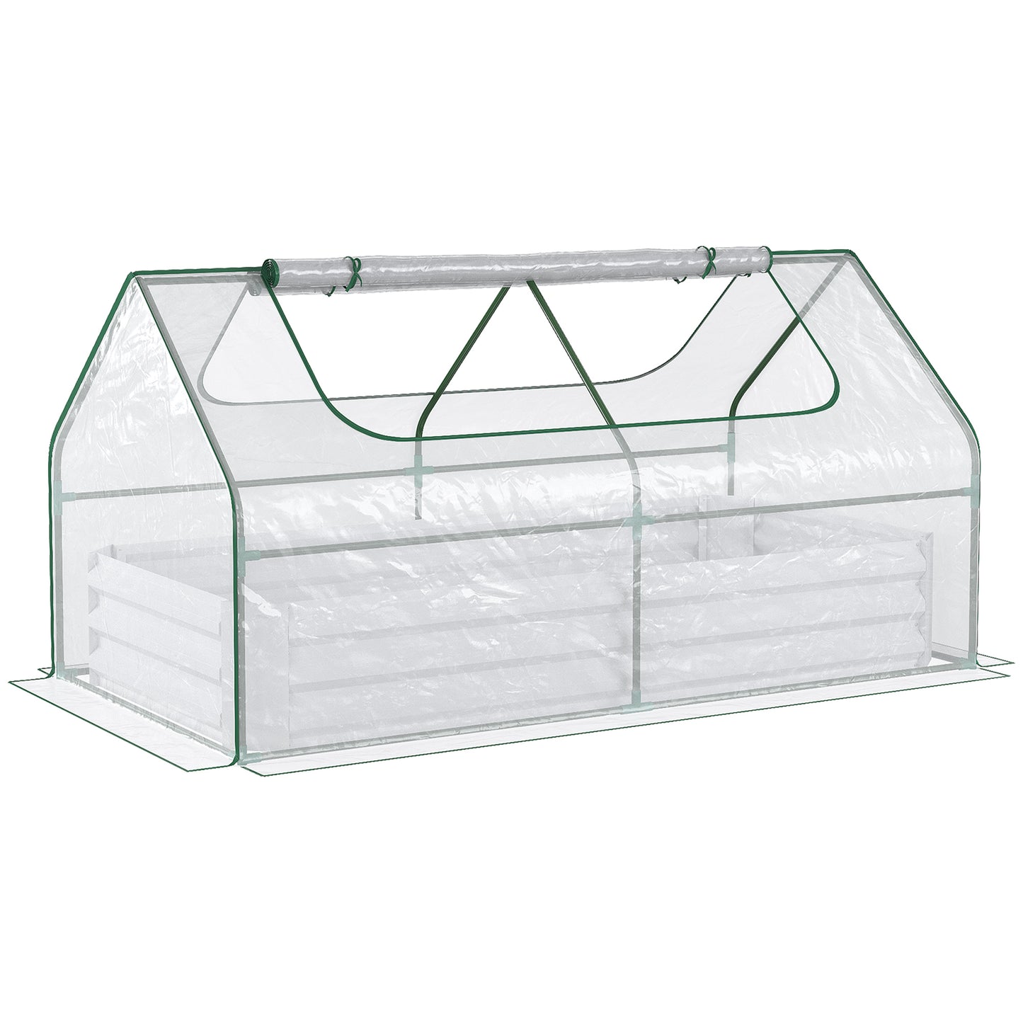 Raised Garden Bed with Greenhouse, Steel Planter Box with Plastic Cover, Roll Up Window, Dual Use for Flowers, Vegetables