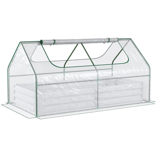 Raised Garden Bed with Greenhouse, Steel Planter Box with Plastic Cover, Roll Up Window, Dual Use for Flowers, Vegetables