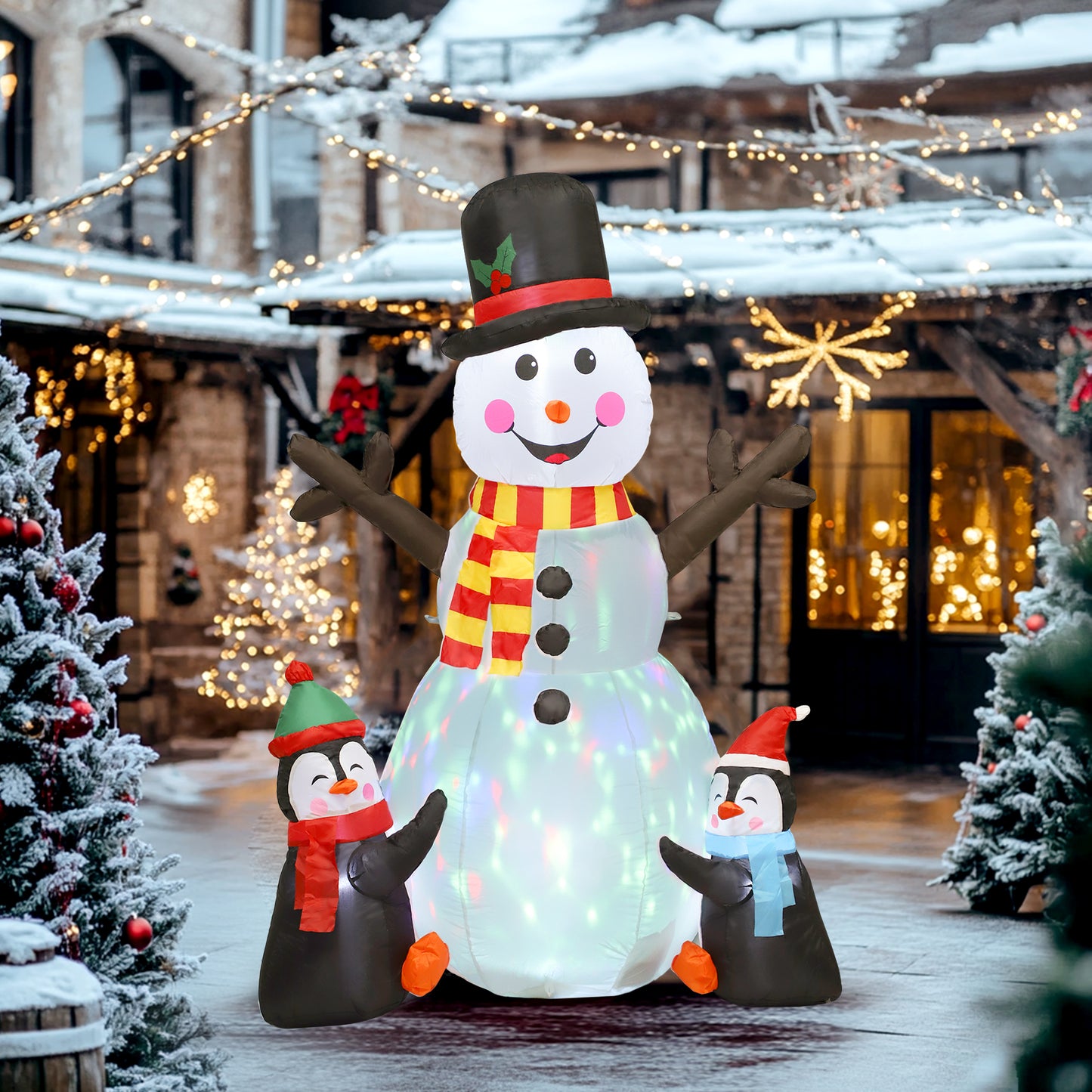6FT Christmas Inflatables Snowman & Penguins with Built-in LED Lights and Flashing Projector Light