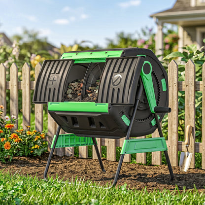 Garden Compost Bin, 200L Dual Chamber Tumbling Composter with Adjustable Vents, BPA Free Compost Tumbler, Green