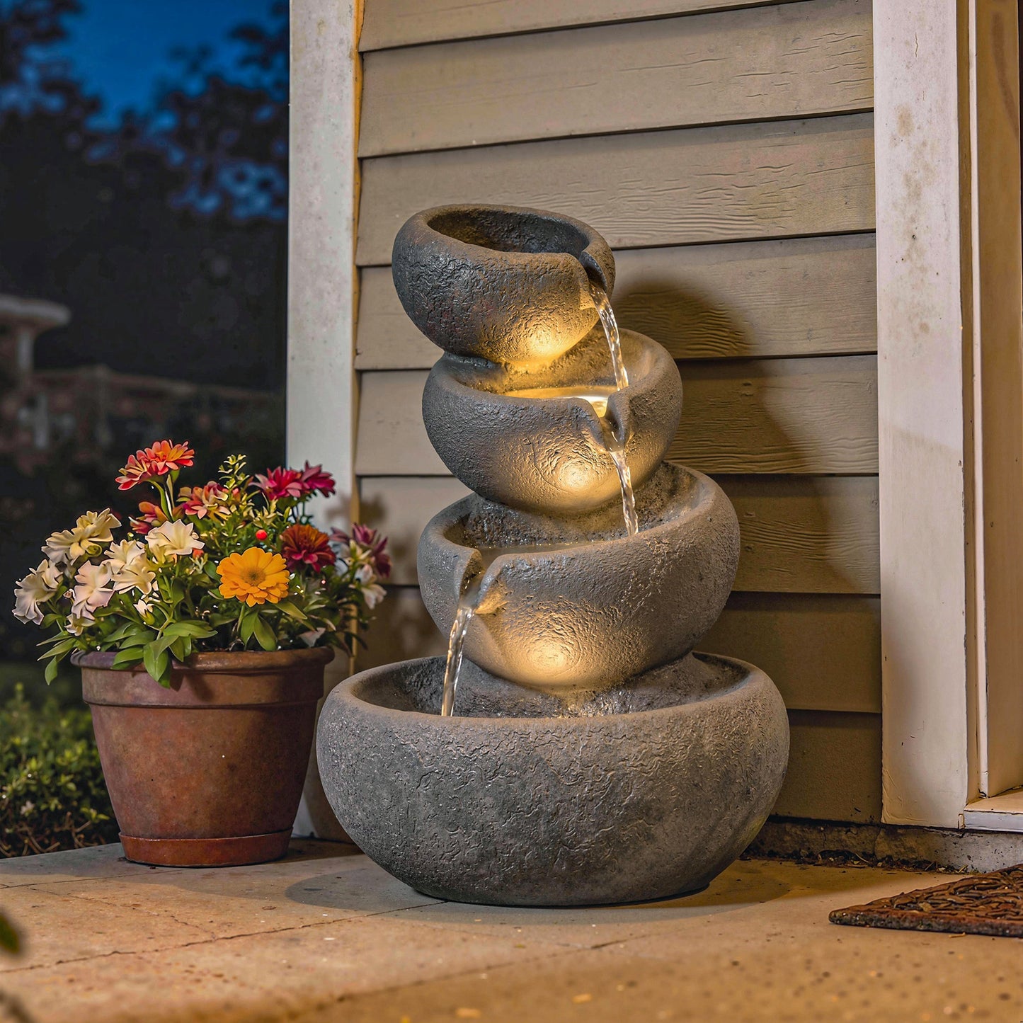 4-Tier Water Fountain Outdoor, Garden Water Feature with LED Lights and Pump, Freestanding Resin Waterfall for Patio