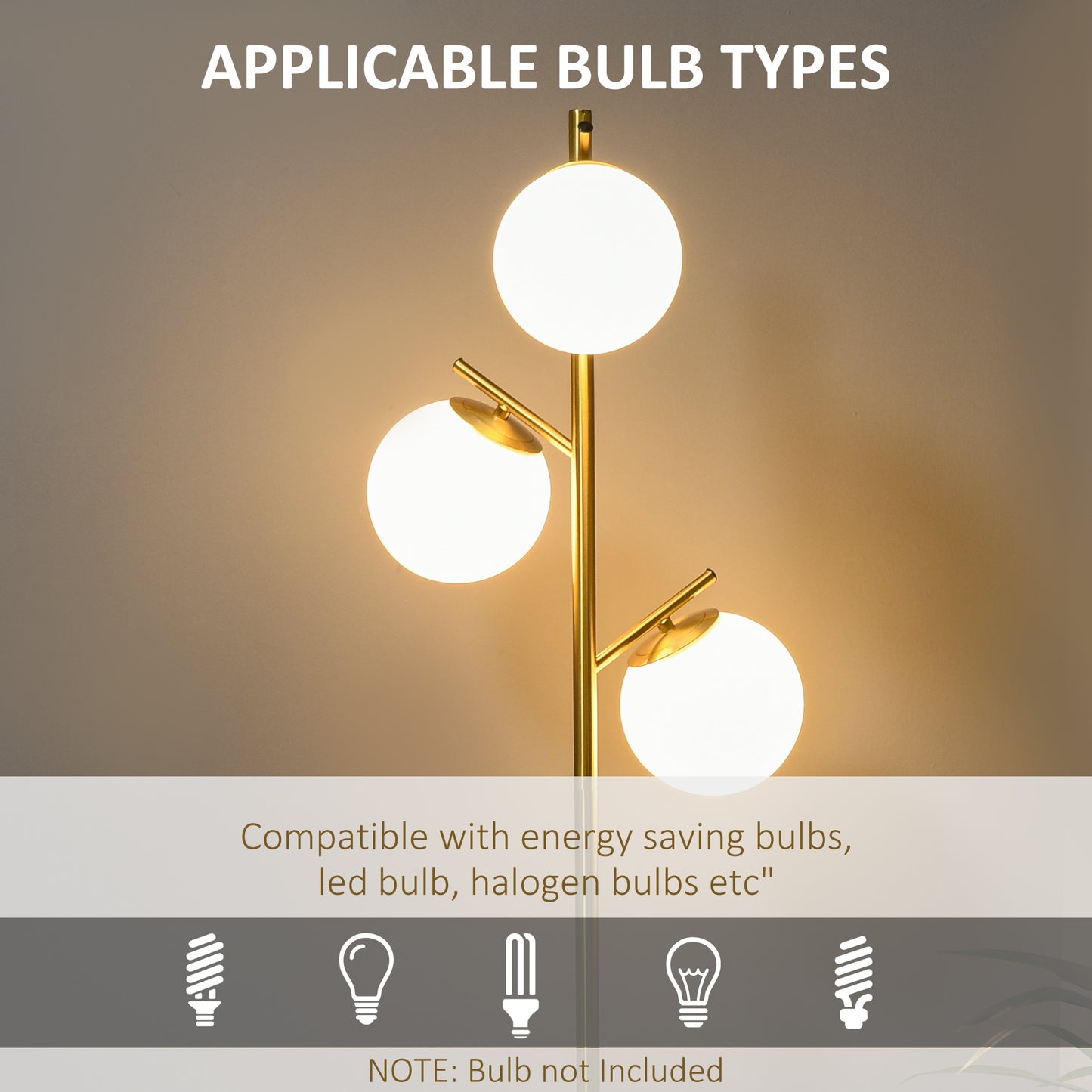 3-Light Tree Floor Lamps for Living Room, Modern Standing Lamp for Bedroom with Globe Lampshade, Steel Base