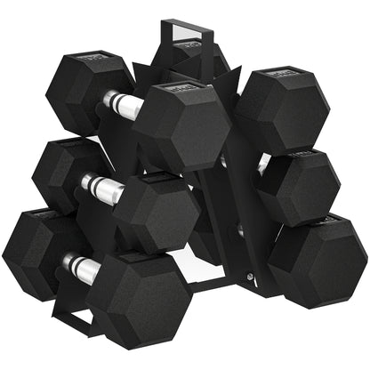 Hex Dumbbell Set with Weights Storage Rack, Rubber Coated Dumbbells, Non-Slip Chrome Handles