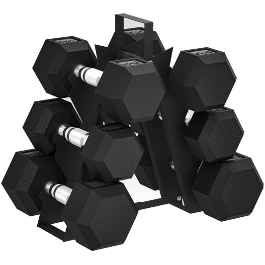 Hex Dumbbell Set with Weights Storage Rack, Rubber Coated Dumbbells, Non-Slip Chrome Handles
