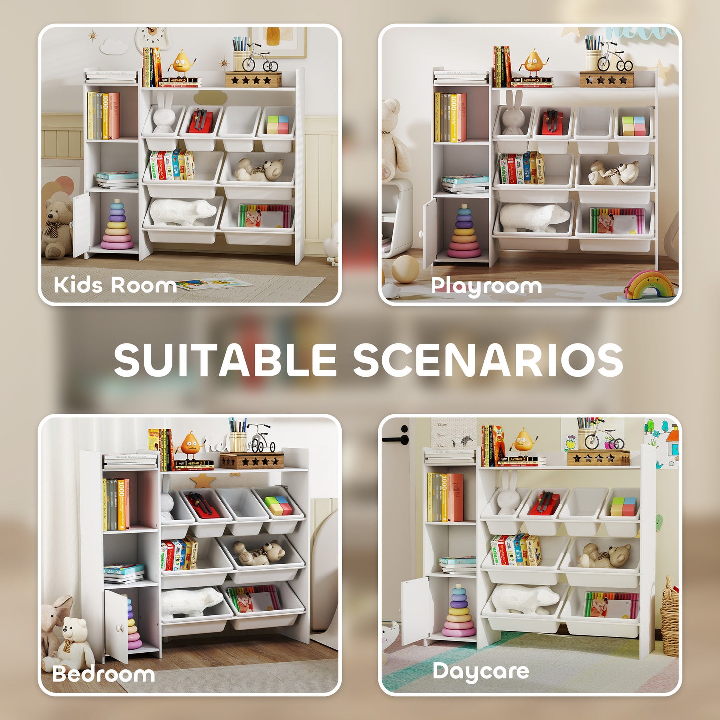 Toy Storage Unit with 8 Removable Bins, Storage Shelves, Cabinet, White