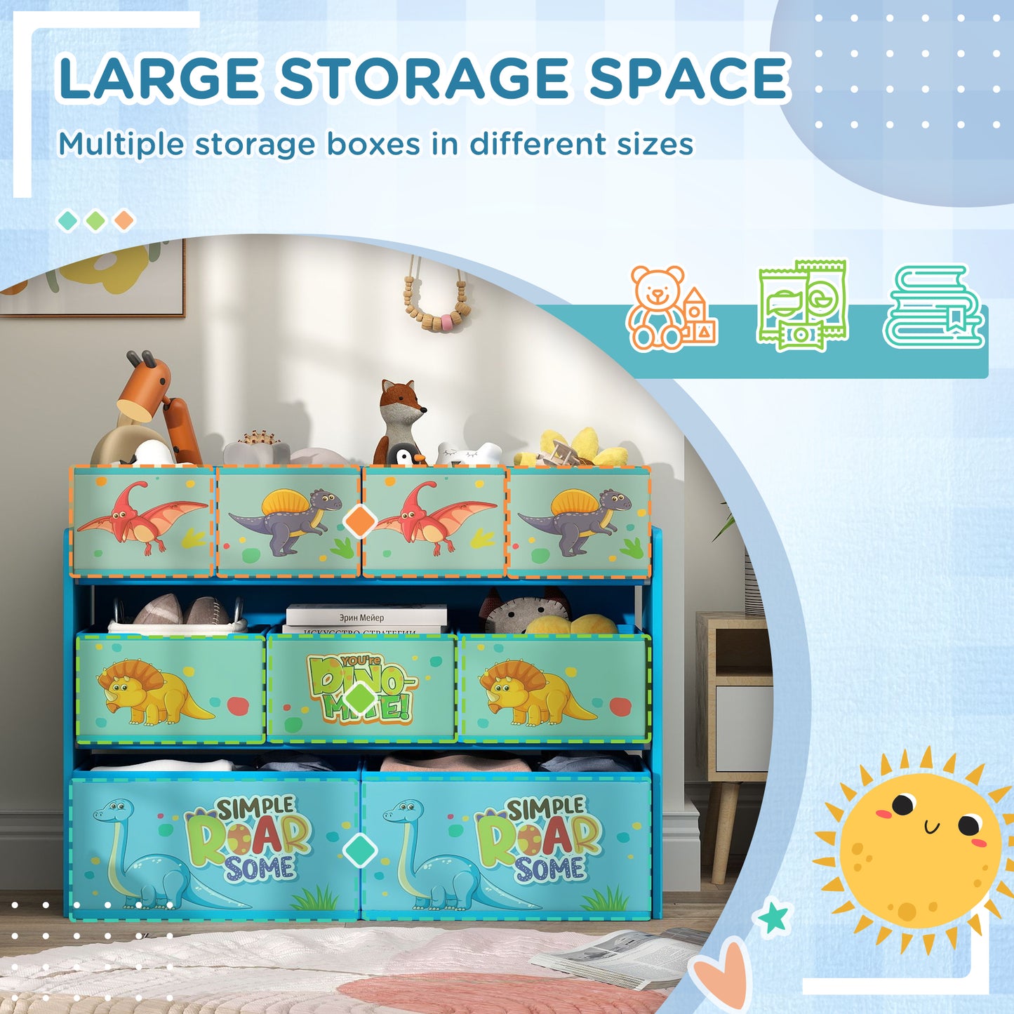 3-Tier Kids Storage Unit with 9 Non-Woven Fabric Boxes for Toys, Books, for Bedroom, Nursery, Blue