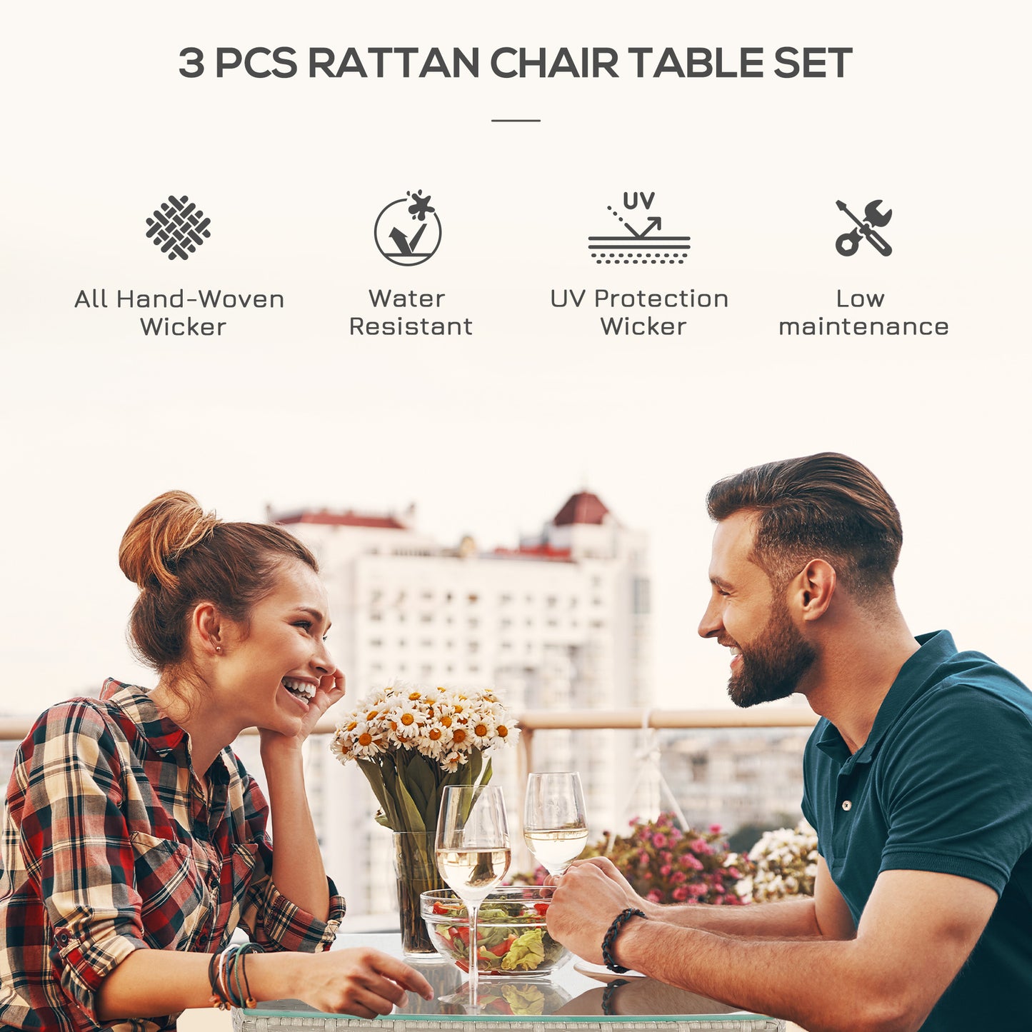 3 Pieces Rattan Bistro Set, Wicker Garden Furniture Set with 2-Tier Coffee Table and Chairs, Washable Cushions