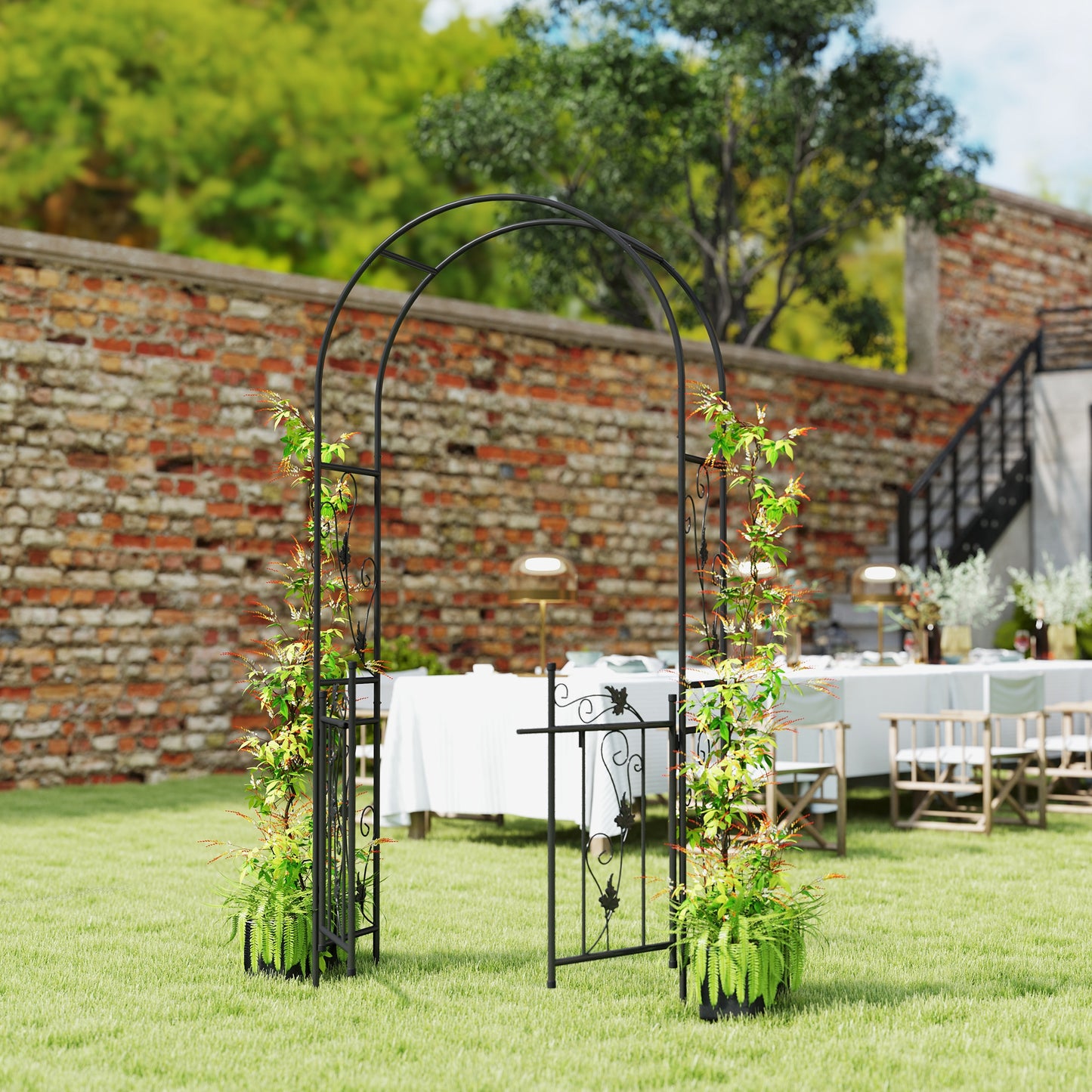 2.17m Steel Garden Arch with Gate, Wedding Arch for Outdoor, Garden, 107W x 45D x 217H cm Black