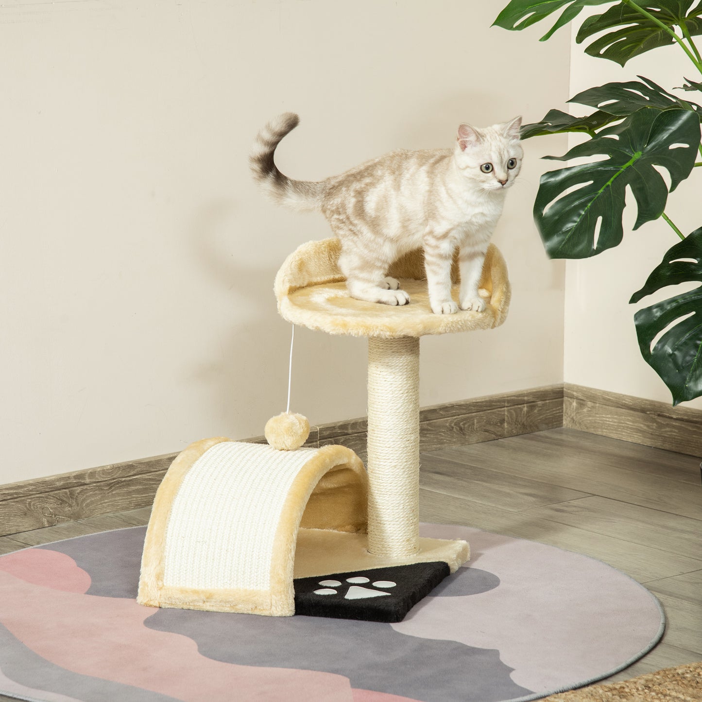Cat Tree Scratching Scratcher Post Kitten Activity Centre Climber Hanging Ball Beige