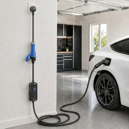 EV Charger 7kW Type 2 to CEE 32A Plug with UK Adapter, 10 m, 6-32A, Electric Car Charger w/ 1-12 h Time Delay