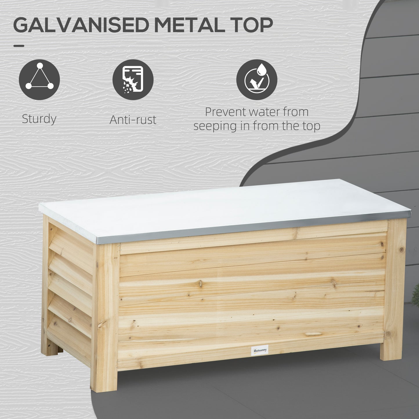 155L Outdoor Storage Box with Metal Top and Shutter Walls, Wooden Outside Tool organiser Container, for Garden, terrace