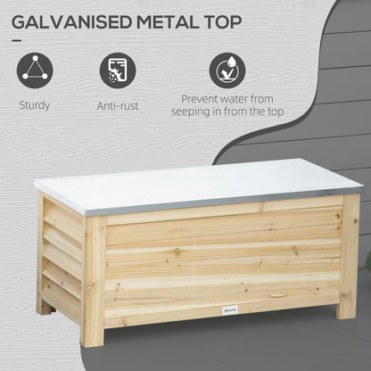 155L Outdoor Storage Box with Metal Top and Shutter Walls, Wooden Outside Tool organiser Container, for Garden, terrace