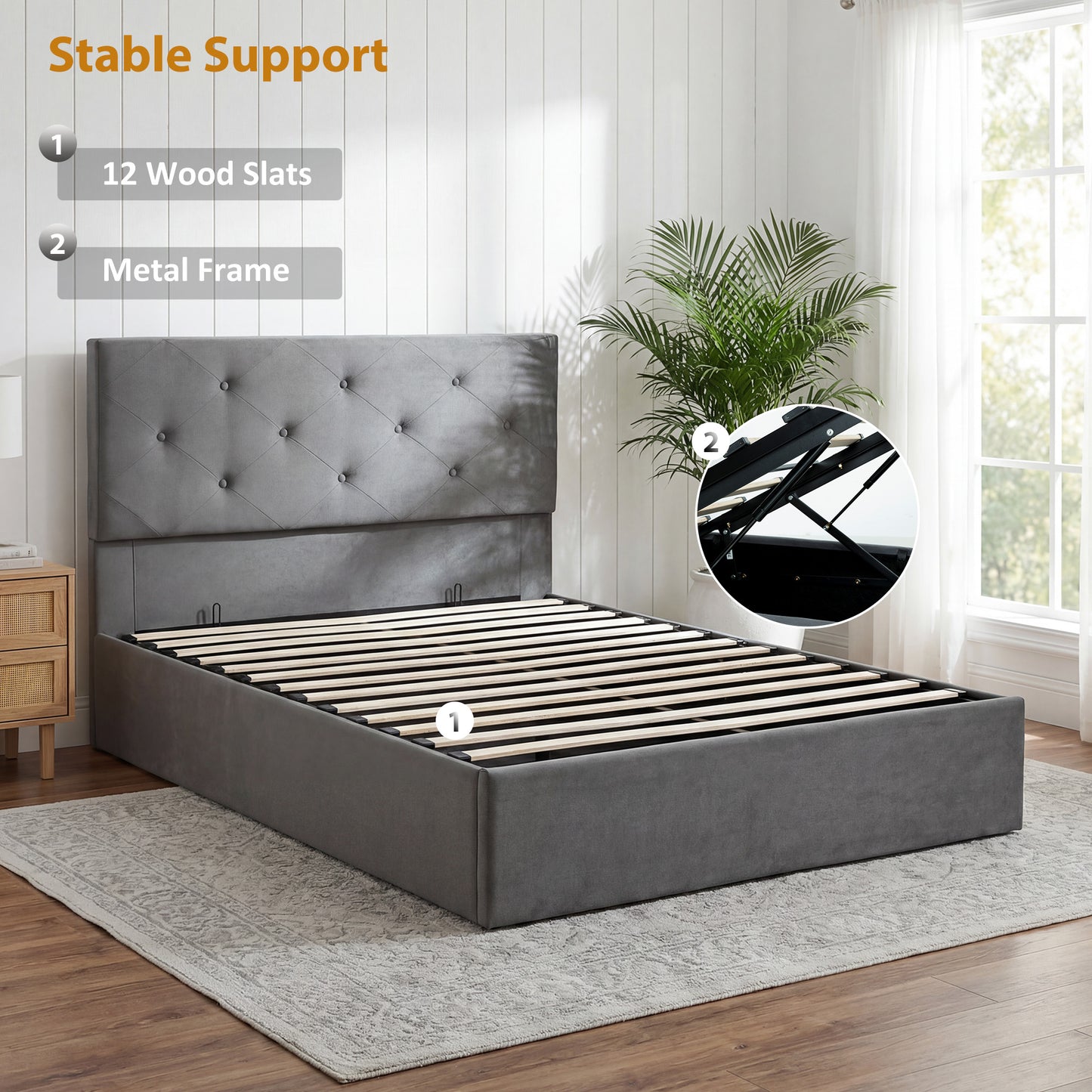 King Size Bed Frame Gas End Lift Under Bed Storage Upholstered Platform Bed Tufted Headboard for 150 x 200 cm Mattress
