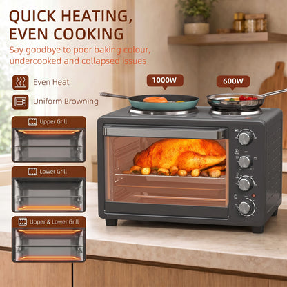 28L Toaster Oven with Double Hotplate, 1600W Countertop MIni Oven with 60 Minute Timer & 230°C Temp Control