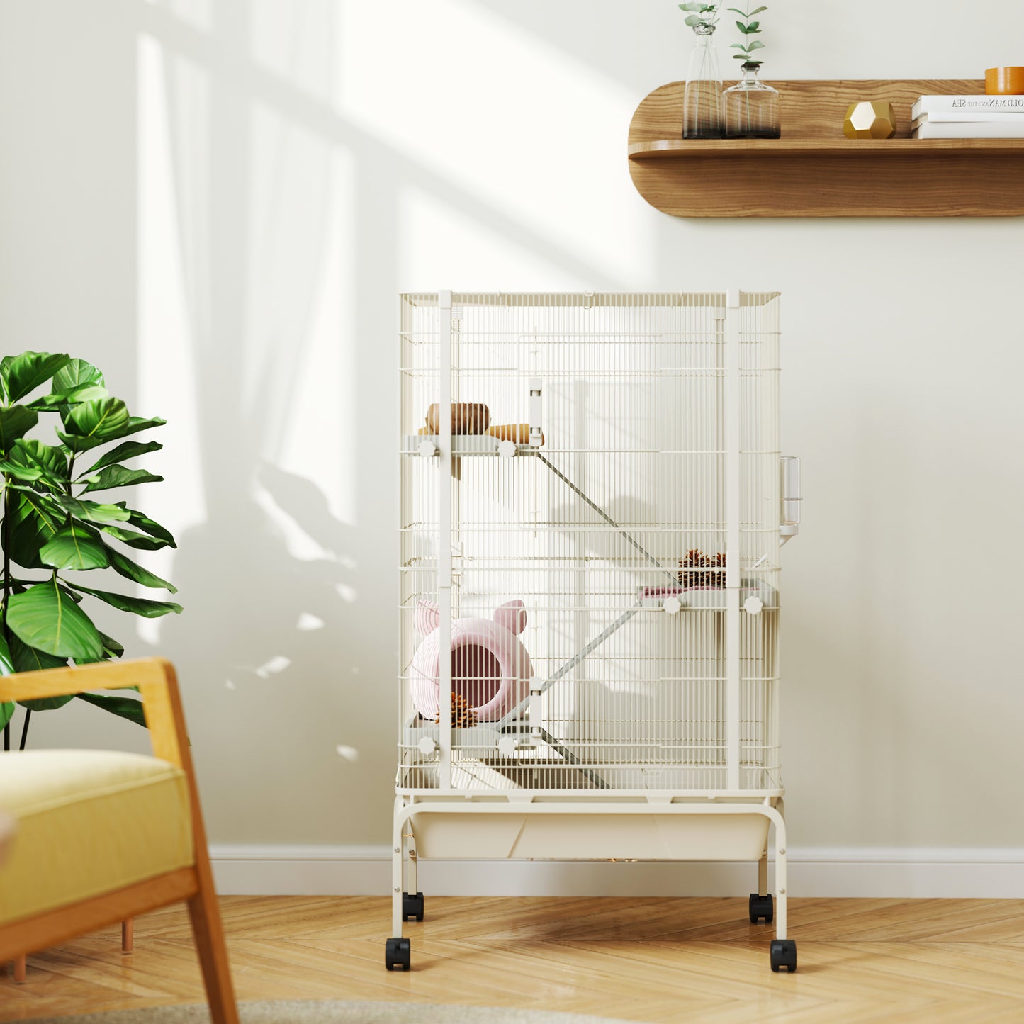 4-Level Rolling Small Animal Cage, Rabbit Cage with 3 Ramps, Water Bottle, Food Dish, 15cm Deep Tray, Beige