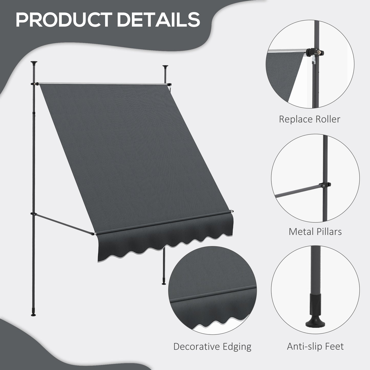 2 x 1.2m Manual Retractable Awning - Grey