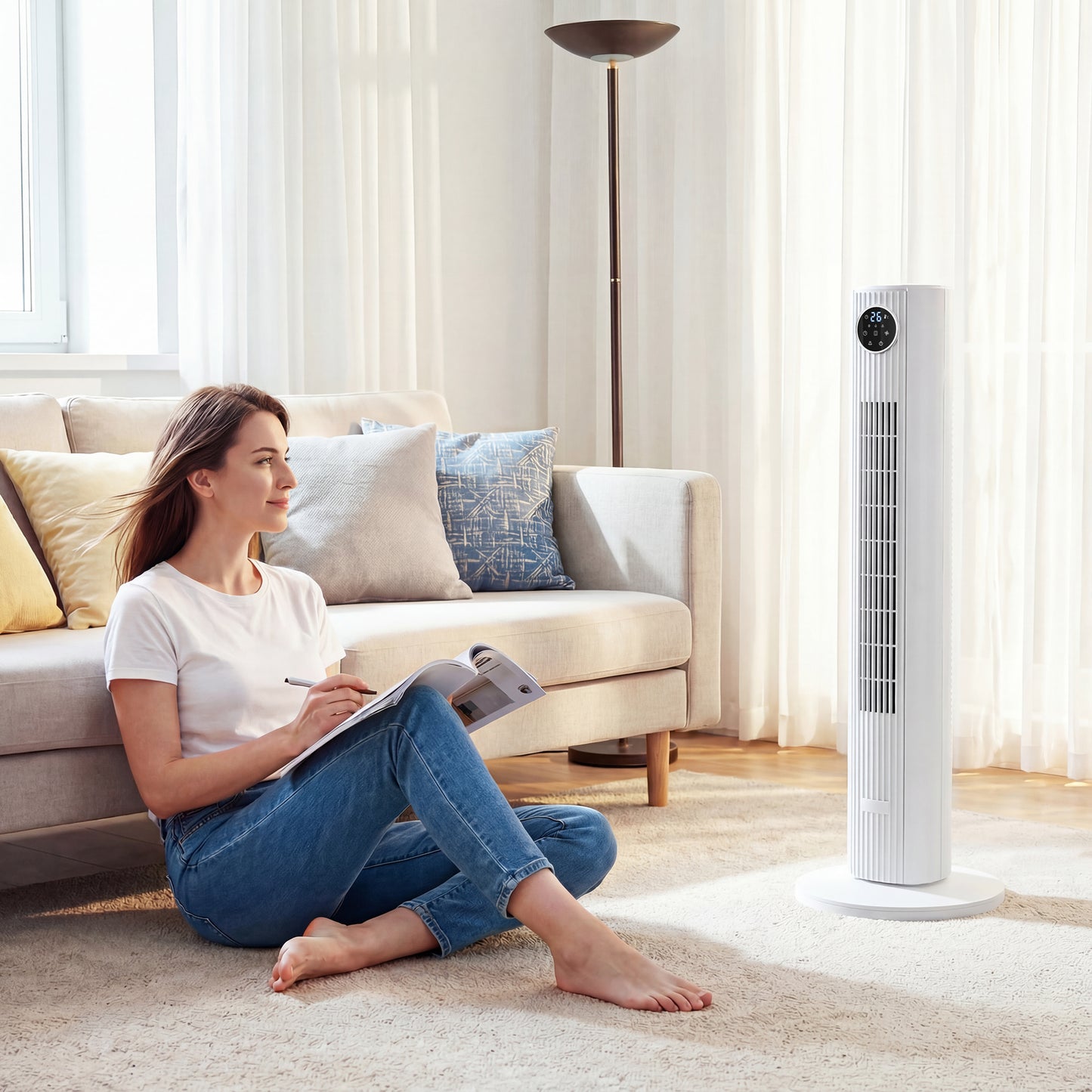 28dB Tower Fan for Bedroom, 36 inch, 8 m/s Velocity Standing Cooling Fan with 80° Oscillating, BLDC Motor, 12 Speeds