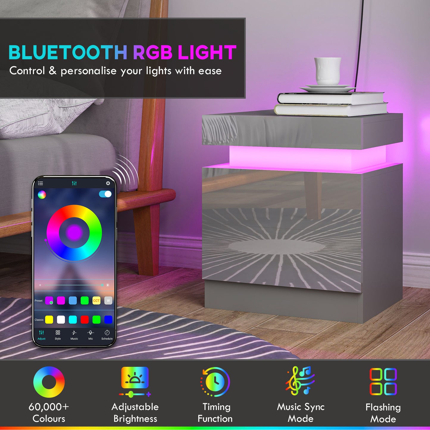 Grey Bedside Table with LED Light, High Gloss Front Nightstand with 2 Drawers, for Living Room, Bedroom