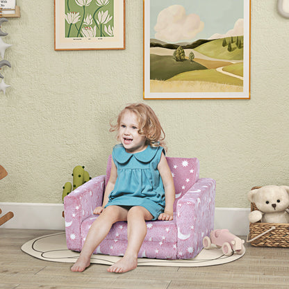 2 in 1 Kids Folding Bed Armchair with Glow in The Dark Cosmic Design, Washable Cushion and Cover, Pink