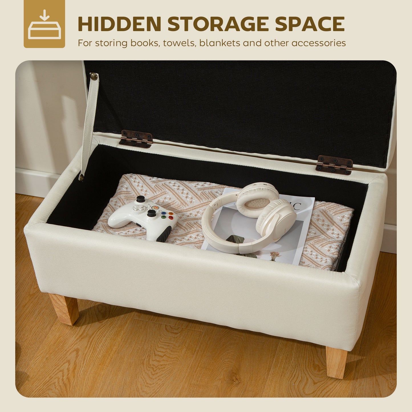 30L Linen Storage Ottoman Padded Footstool with Rubberwood Legs for Storage Box, Bed End, Shoe Bench, Seating, Beige