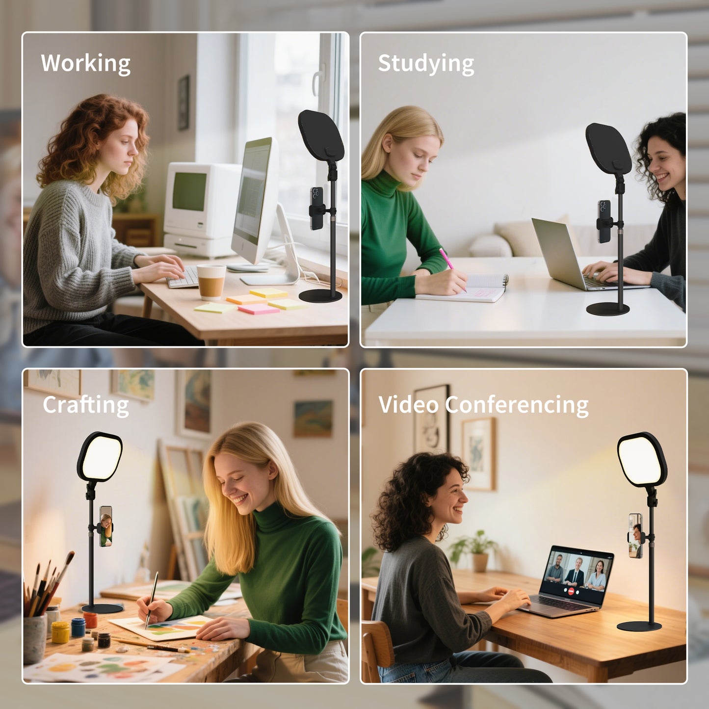 Selfie Light for Video Conference Lighting, Dimmable Desk Lamp with Stand Phone Holder