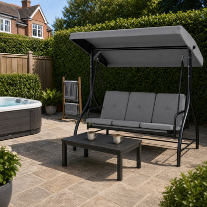 3 Seater Canopy Swing Chair, 2 in 1 Garden Swing Seat Bed, with Adjustable Canopy and Metal Frame, Light Grey