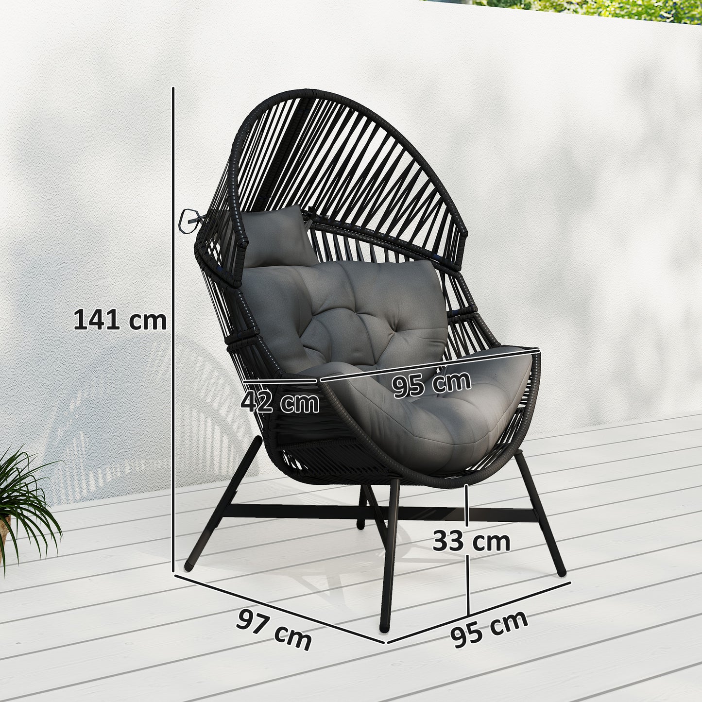 Rattan Egg Chair, Oversized Freestanding Garden Egg Chair with Thick Tufted Cushion, Headrest