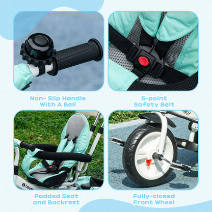 6 in 1 Kids Trike Push Bike w/ Push Handle, Canopy, 5-point Seat Belt, Storage, Footrest, Brake, for 1-5 Years, Green