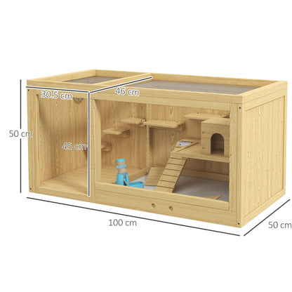 Wooden Hamster Cage with Water Bottle, Platforms, Openable Roof, Sliding Tray, Hut, Seesaws, Natural Wood Finish