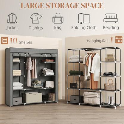 Clothes Storage Organiser with Hanging Rail, Shelves, Portable Wardrobe, Foldable Fabric Wardrobe, Dark Grey