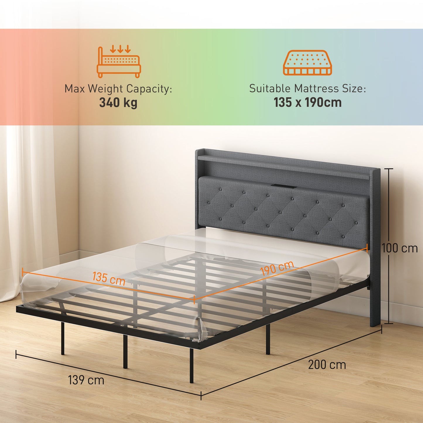 Floating Bed Frame, Upholstered 4ft6 Double Size Bed, Platform Bed with RGB LED Lights and Charging Station, Grey