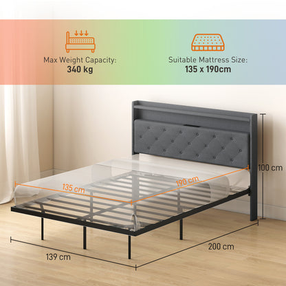 Floating Bed Frame, Upholstered 4ft6 Double Size Bed, Platform Bed with RGB LED Lights and Charging Station, Grey