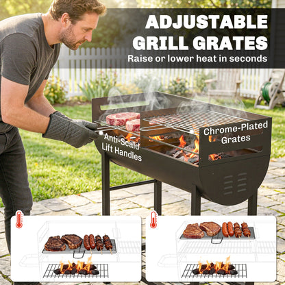 Charcoal Barbecue Grill with 2 Cooking Areas, Portable BBQ Trolley with Wheels, Height Adjustable Grates, Bottom Shelf