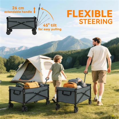81L Festival Trolley on Wheels, Compact Garden Folding Trolley Cart with Adjustable Handle 80L, Grey