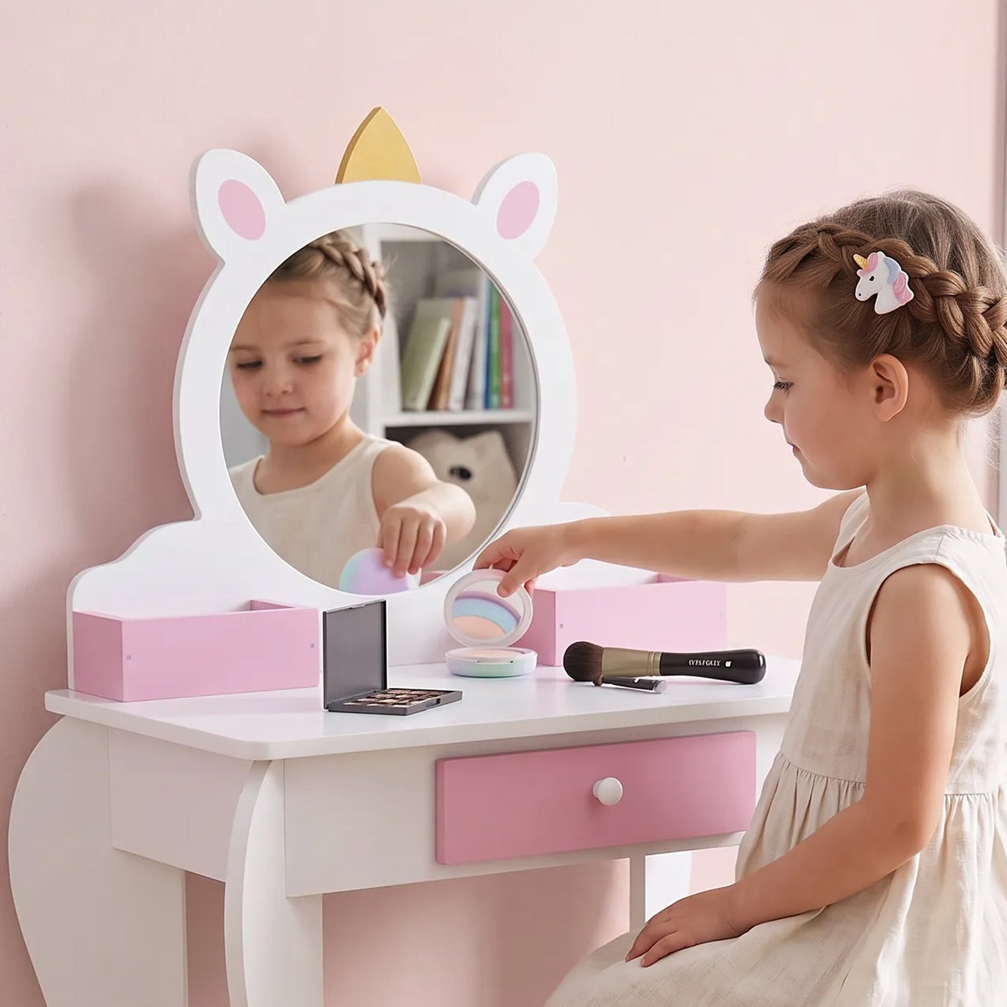 ZONEKIZ Unicorn-Design Kids Dressing Table, with Mirror and Stool - White