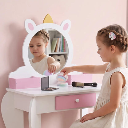 ZONEKIZ Unicorn-Design Kids Dressing Table, with Mirror and Stool - White