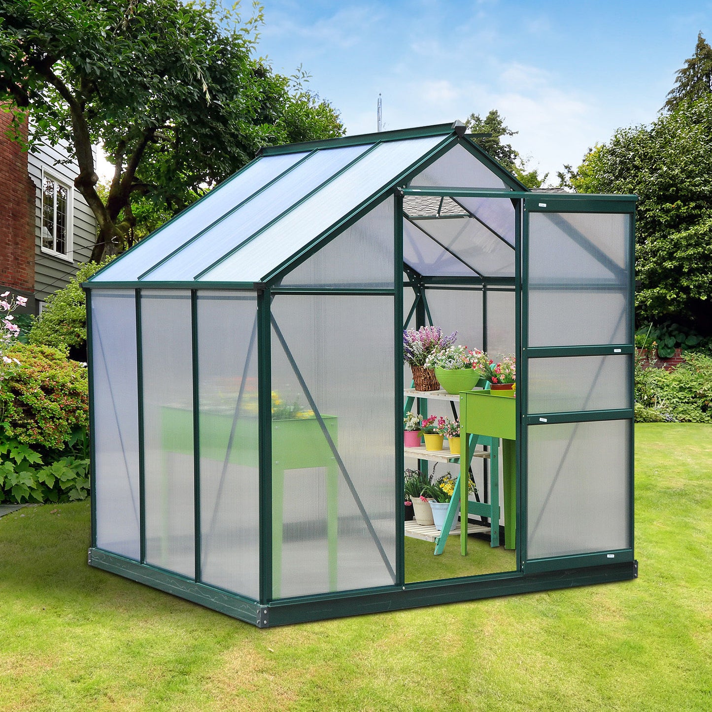 6 x 6ft Polycarbonate Greenhouse, Large Walk-In Green House with Slide Door and Window