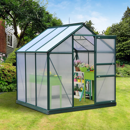 6 x 6ft Polycarbonate Greenhouse, Large Walk-In Green House with Slide Door and Window