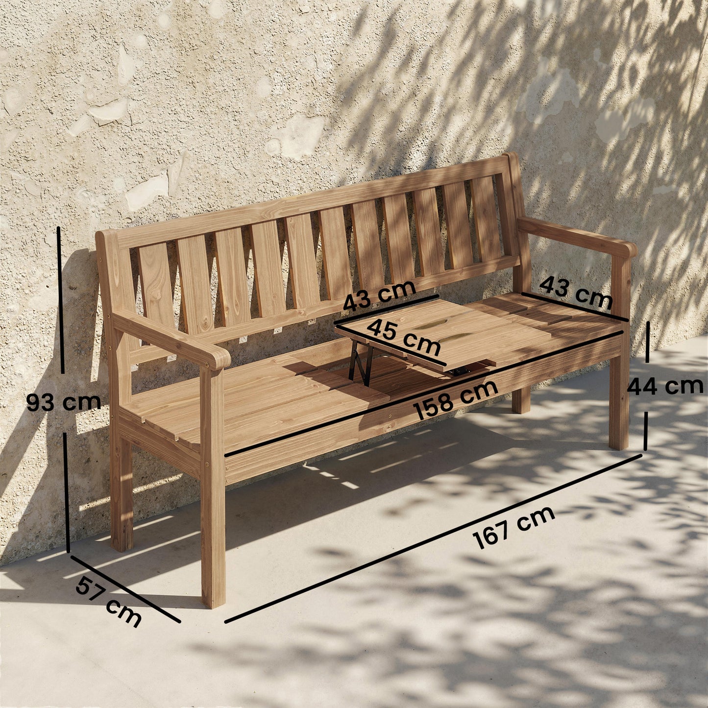 Wooden Garden Bench with Liftable Table & Shelf, 2-3-Seater Outdoor Loveseat with Fir Wood Frame, Teak